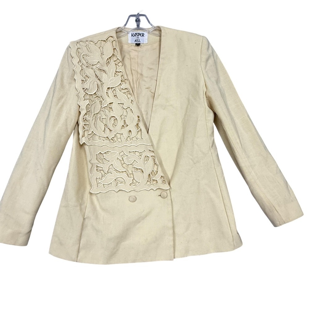 Vintage Kasper For A.S.L. Blazer Jacket Womens 8 Beige Cutwork Floral‎ 80s